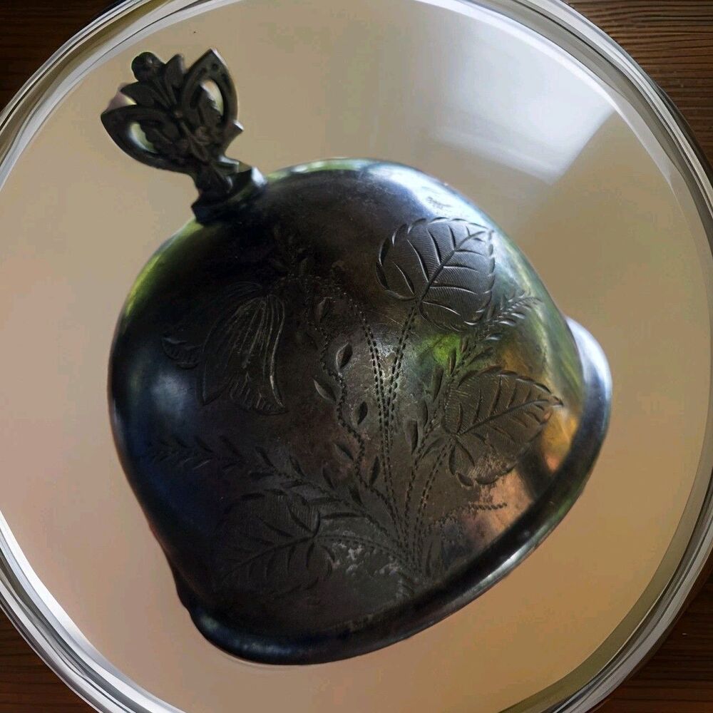 Antique Victorian Etched Floral Silver Plate Dome Cloche with  Finial